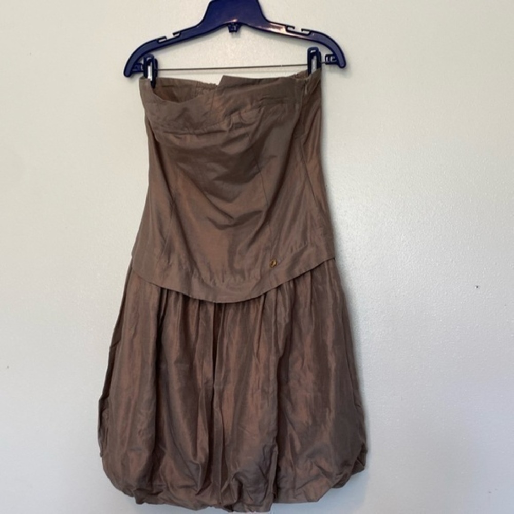 Fairly strapless  metallic puff side zip lined silk cotton blended dress med
